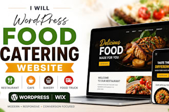 wordpress food catering website, restaurant, cafe, bake, food truck wix website