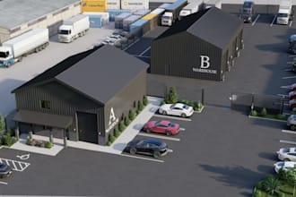 redesign warehouse exterior 3d renders,logistics center,industrial park, 2d plan