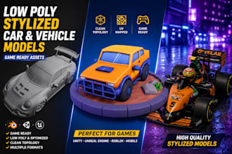 create a low poly stylized car and vehicle models for game