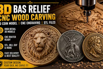 create 3d bas relief, cnc wood carving 3d coin model cnc engraving and stl files