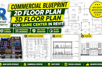 do commercial blueprint, 2d floor plan, 3d floor plan for game center in revit