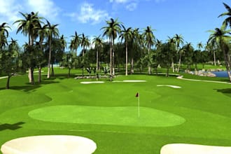 design realistic golf course, golf, putting green with landscape rendering