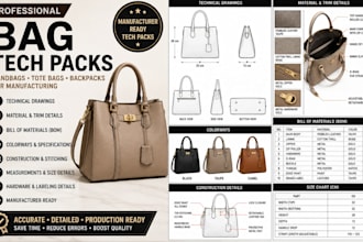create professional bag, handbag and backpack tech pack for manufacturing
