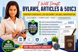 draft nonprofit bylaws, articles of incorporation, and file 501c3 tax exempt