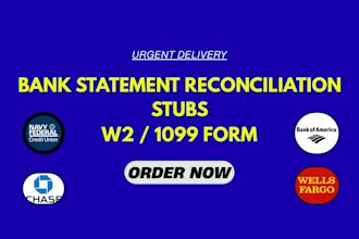 bank statement reconciliation, payroll reports, stubs, 1099, w2