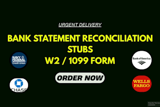 bank statement reconciliation, payroll reports, stubs, 1099, w2