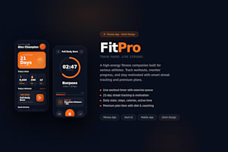 design a highenergy fitness app UI with dark mode, workout tracker and streak