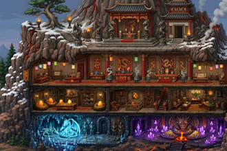 create detailed pixel art cross section and isometric rooms