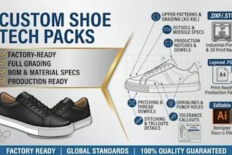 design custom factory ready shoe and footwear tech packs with technical drawing