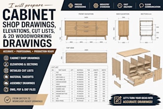 prepare cabinet shop drawings, elevations, cut lists, and 2d woodworking drawing