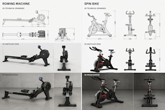 design 2d and 3d gym fitness industrial products for manufacturing, spin bike