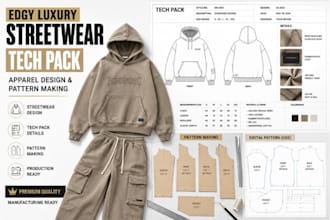 create edgy luxury streetwear tech pack, apparel design and pattern making