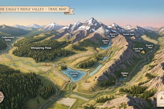 hiking map, trail map, topographic map, transit map, outdoor map illustration