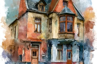 create house and building photo into watercolor art