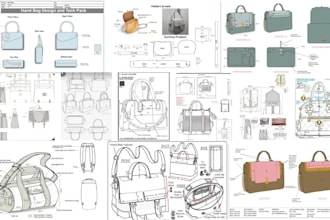 design handbag, backpack, tote bag tech pack and technical drawing