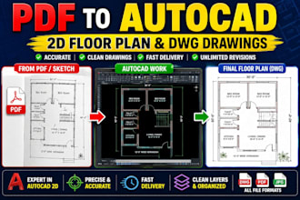 convert PDF to autocad dwg, redraw floor plan and 2d architectural drawings