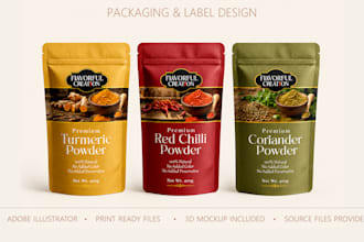 design professional spice pouch packaging, jar and seasoning label