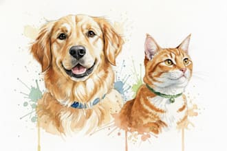 custom pet portrait, two pet portrait, watercolor portrait