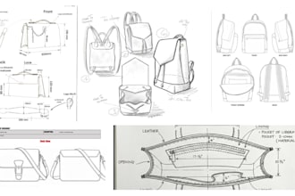 design bag tech pack, technical drawing for handbags, backpacks and duffel bags