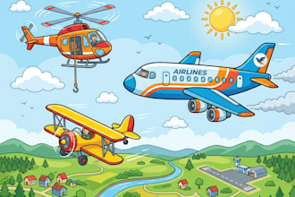 draw aircraft, airplane, helicopter into a vector cartoon