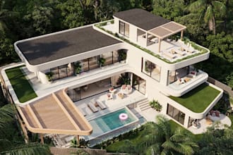 refined 3d tropical exterior living,rooftop terrace,aesthetic villa interior,cgi