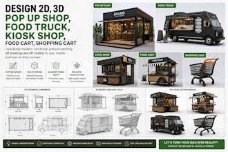 design 2d,3d pop up shop, food truck, kiosk shop, food cart, shopping cart