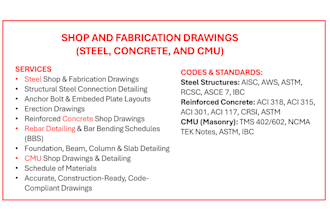 provide steel shop drawings and concrete and cmu rebar detailing