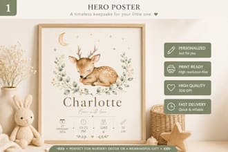 design a personalized baby birth stats poster and nursery wall art