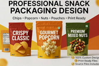 design snack food packaging for chips, nuts and popcorn
