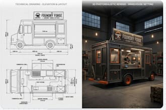 do 2d,3d industrial product design and render food truck, container,stand kiosk