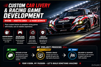 design custom car livery and develop racing games for iracing, assetto corsa, le