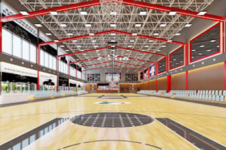 design realistic 3d basketball court, sports architecture, sports hall design