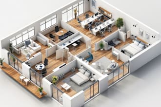 create realistic 3d floor plan, isometric view and architectural render