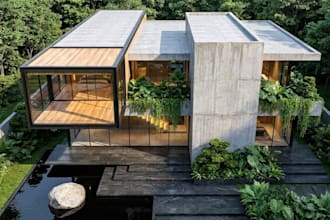 reconstruct biophilic villa exterior,basement layout to 3d render,revit interior