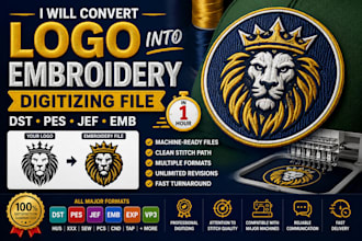 convert logo into embroidery digitizing file dst, pes, jef, emb, emb, vp3 in 1hr