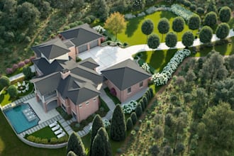 visualize modern castle garden,sketchup site terrain model,cgi outdoor rendering