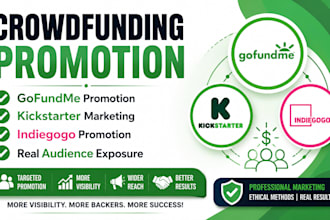 do crowdfunding promotion for gofundme, kickstarter, indiegogo
