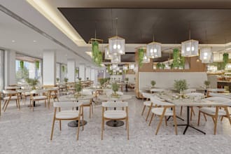 refurnish 3d commercial restaurant, scandinavian bar layout, luxury cafe render