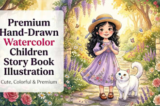 create hand drawn watercolor children story book illustration picture book art