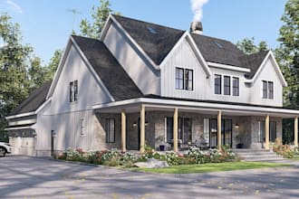 retreat modern farmhouse building, visualize residential exterior, outdoor space