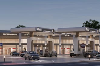 3d gas station blueprint,forecourt render,convenience store,ev charging,car wash