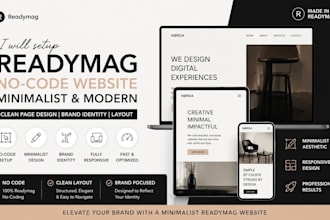 setup no code readymag website minimalist page design brand identity layout