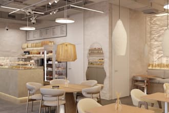 render 3d cafe interior, architect 2d plan,restaurant,coffee shop 3d walkthrough