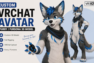 custom vrchat avatar, furry fursona 3d model with rigging and upload