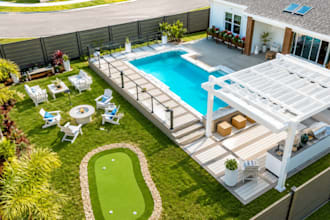 design 3d pool, patio, backyard landscape and outdoor living render