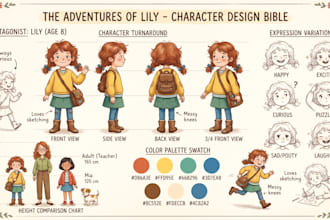 design your childrens book character with a full expression sheet