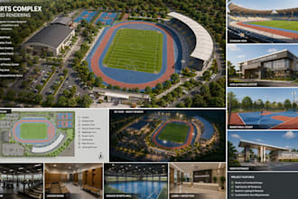 design 2d and 3d rendering of sports field complex, facilities, stadiums and gym
