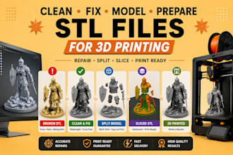 clean, fix, model, prepare, split or slice stl files for 3d printing, 3d model
