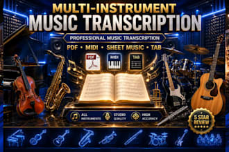 transcribe any music instrument songs into clean sheets music, midi, tab and pdf