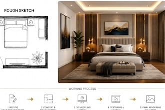 design a modern luxury bedroom interior with photorealistic 3d rendering
